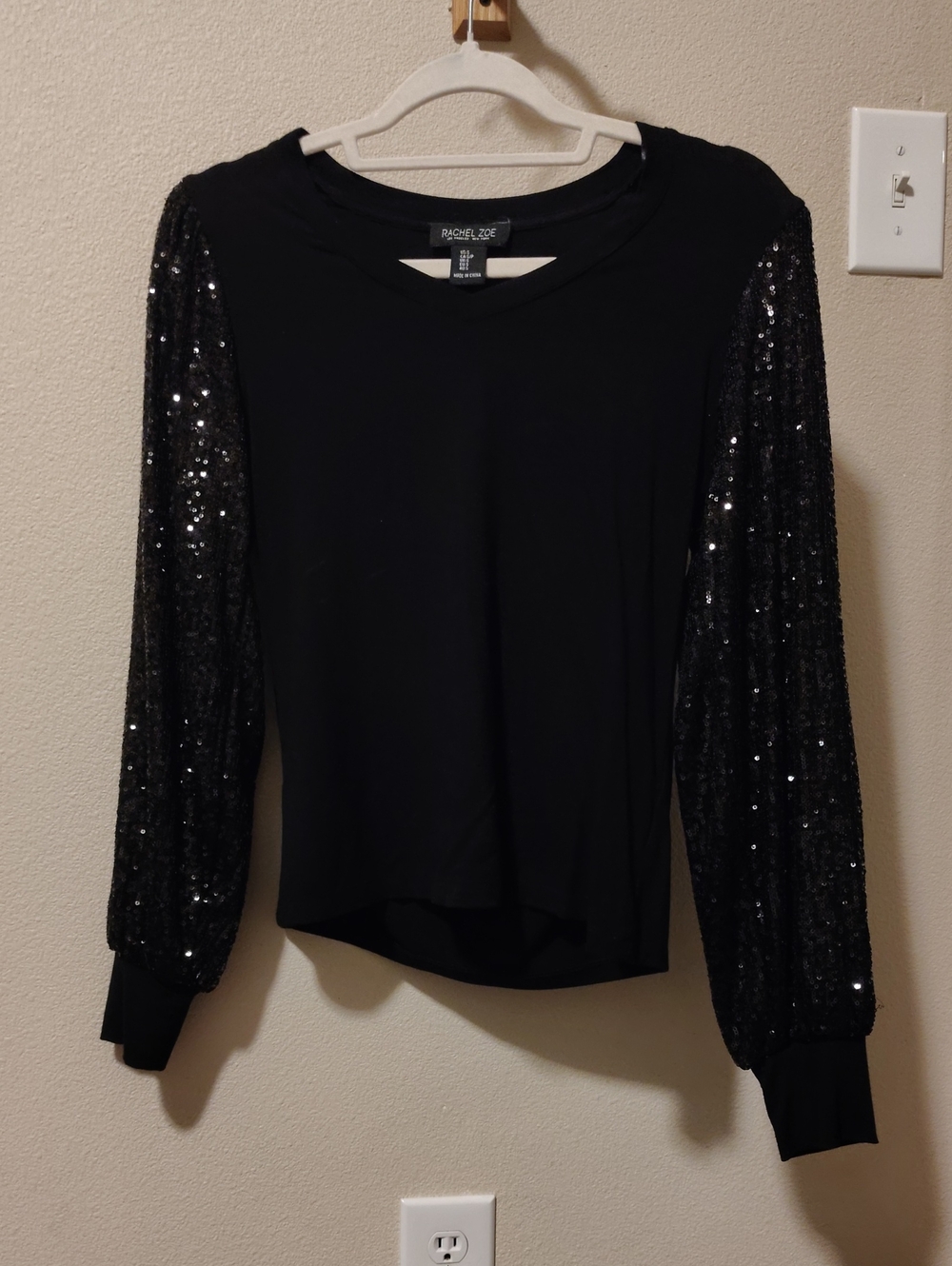 Rachel Zoe Black Sequin Sleeve Long-Sleeve Top